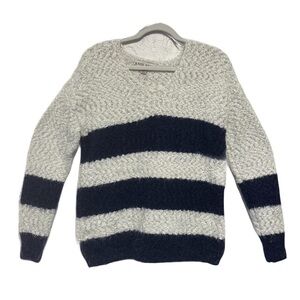 Knox Rose V-Neck Knit Fuzzy Sweater Navy White Striped